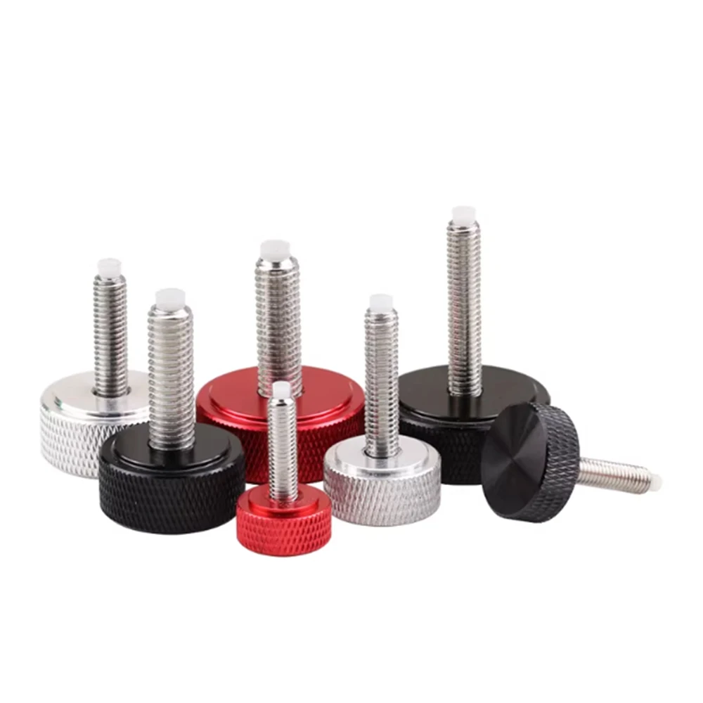 1pc Aluminum Thumb Screw M3 M4 M5 Aluminum Alloy Knurled Flat Head+Stainless Steel Thread With POM Buffer Glue Hand Tighten Bolt