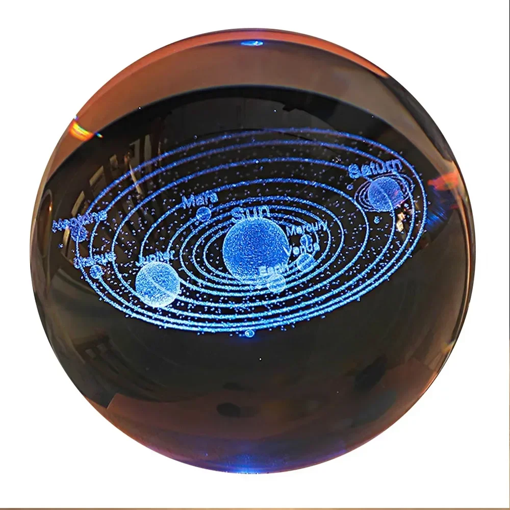 3D carved crystal ball, night light, galaxy glass ball, wooden luminous base, desktop ornament, New Year decoration gift