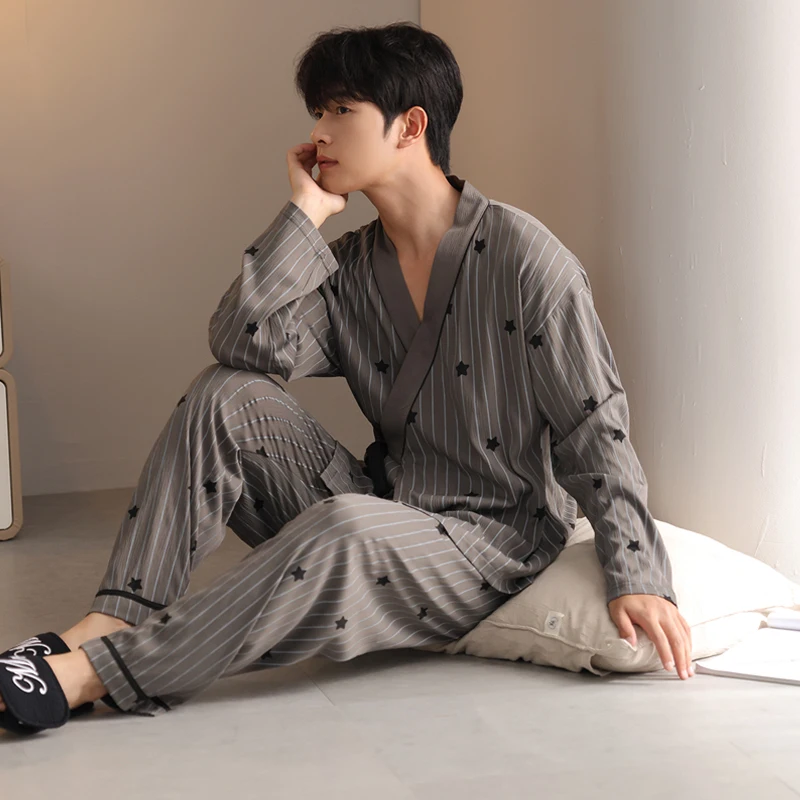 Autumn V-Neck Pyjamas Male Pajama Set Striped Geometry Star Print Japanese Kimonos For Men Big Yards 4XL Cotton Yukata Robes Set