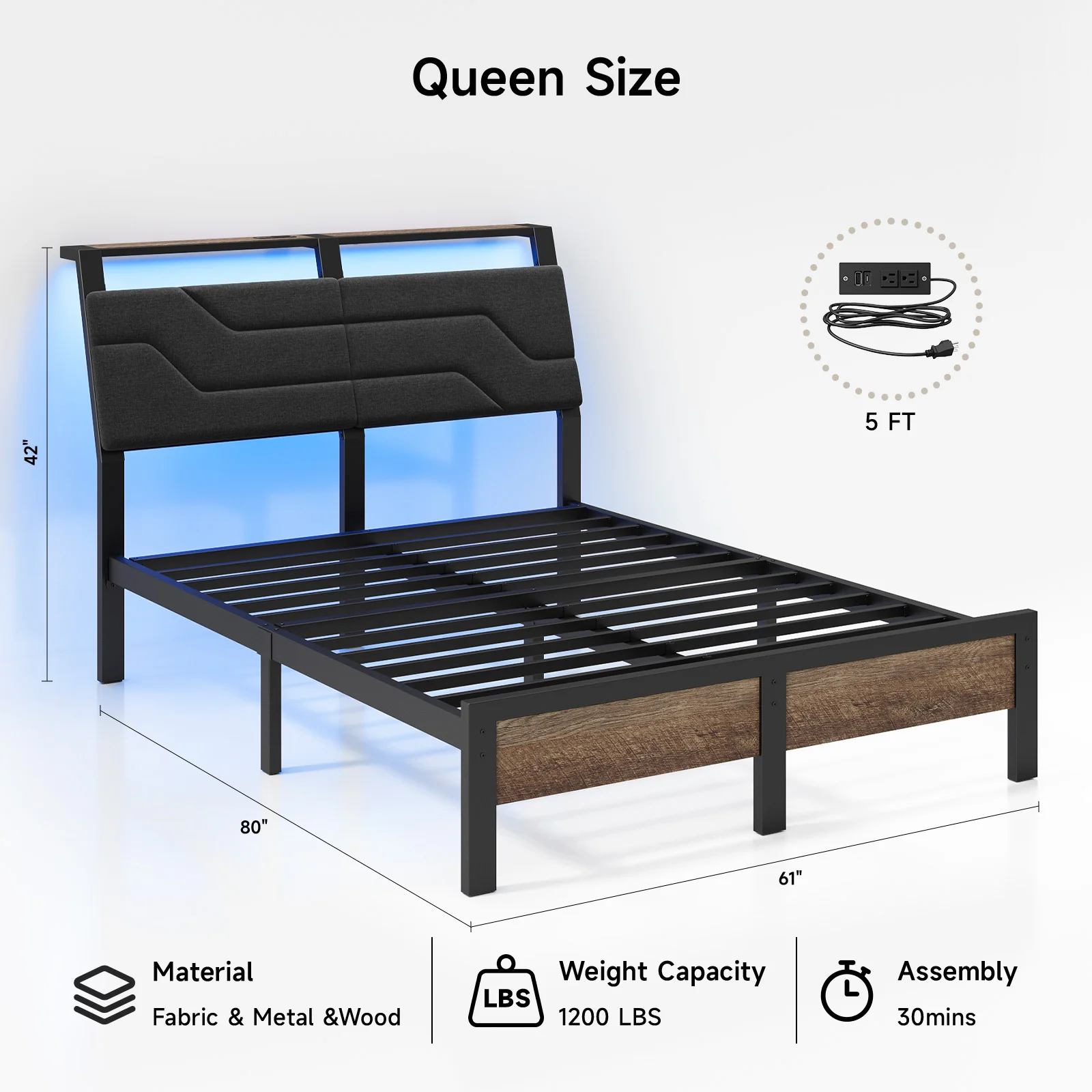 Queen Bed Frame with Headboard and LED Lights, Ergonomic Upholstered Queen Platform Bed Fame with Charging Station & Storage image 2
