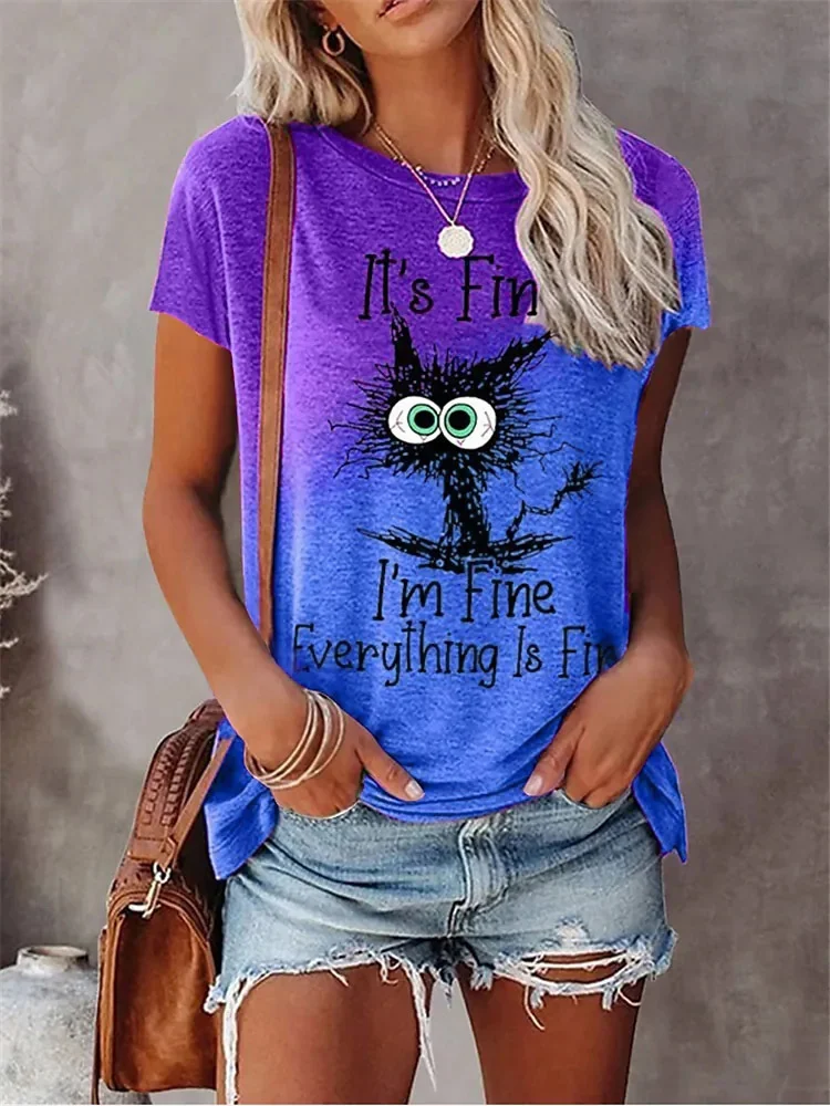 Funny Cat Print Women O-Neck T-Shirts Casual Style Pullover Loose Short Sleeves Oversized Tee Shirt Summer Female Clothing 2024