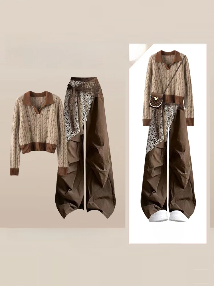 

Retro Aalyptic Sle Women's Ne ort Knitted Sweater Two-Piece Set Color Colion Merald Workwear Winter Faion