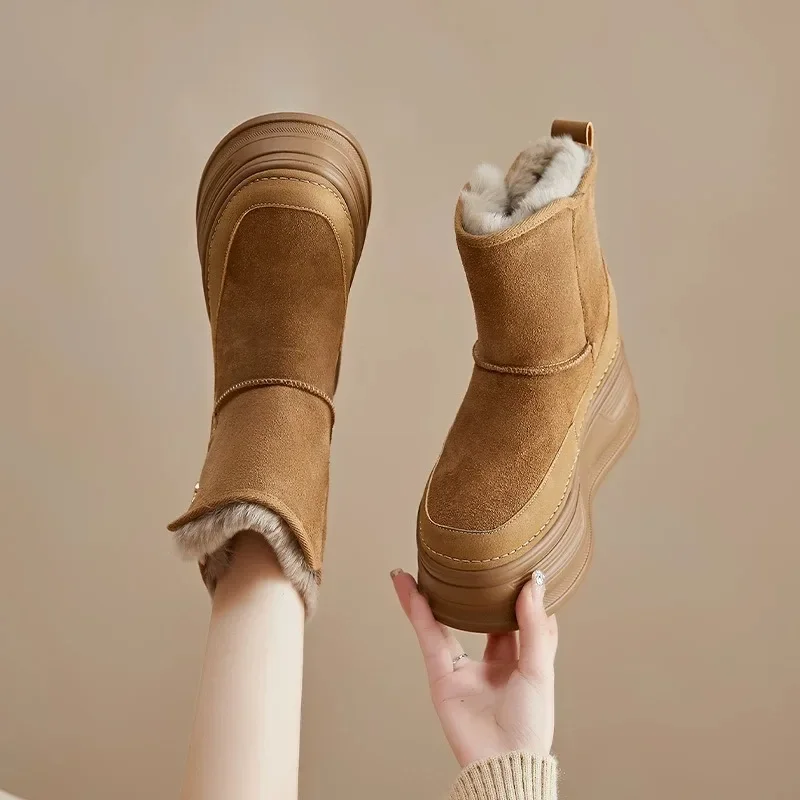 2024 High quality Suede Cow Genuine Leather Platform Wedge Winter Plush Women Boots Hidden Heels Spring Warm Ankle Booties