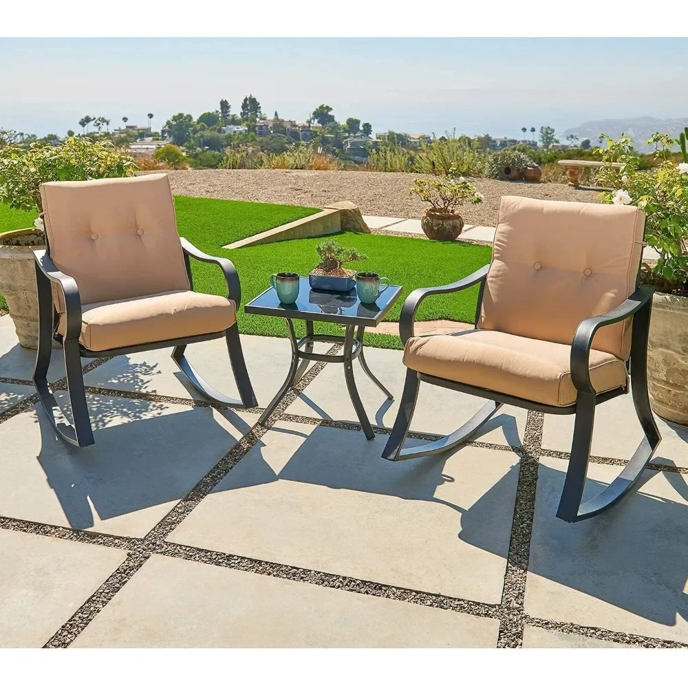 Outdoor Furniture 3Piece Conversation Bistro Set Rocking Chairs and Glass Top Table,Thick Cushions,Black Steel Outdoor Furniture