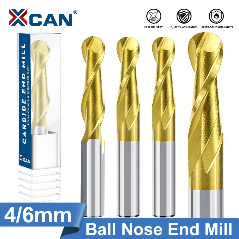 XCAN Ball Nose End Mill 1pc 4/6mm Shank 2 Flute Spiral End Milling Cutter Tungsten Carbide CNC Router Bit Engraving Bit