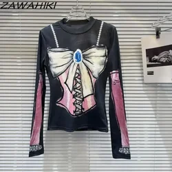 T-shirts for Women Cartoon Bow Print Bottoming Ropa Mujer Slim Office Lady Punk Women's Clothing Fashion Sweet Korean Top Female