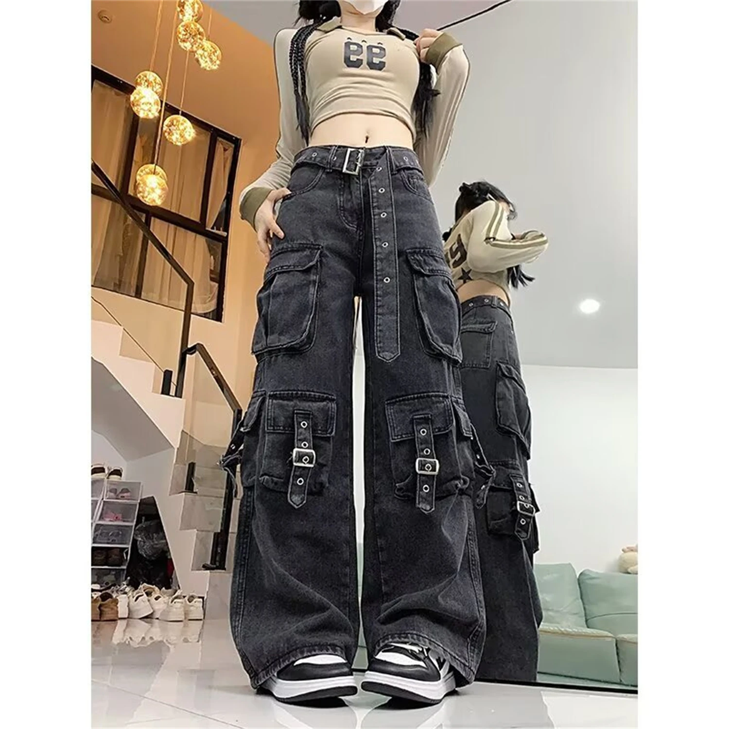 Women's Y2K Gothic Cargo Jeans High Waist Baggy Wide Leg Denim Pants with Multiple Pockets & Buckle Straps Streetwear Trousers