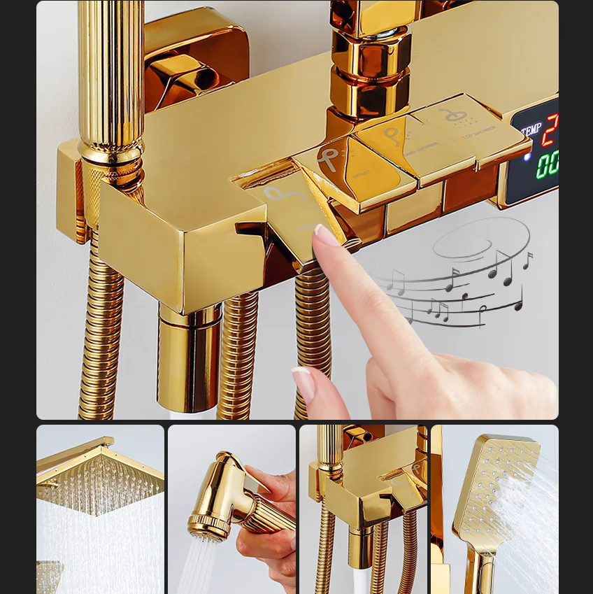 الذهب البيانو شاشة ديجيتال الحمام دش مجموعة النحاس الحمام صنبور الملحقات ثرموستاتي نظام دش الحمام الرقمي #2
