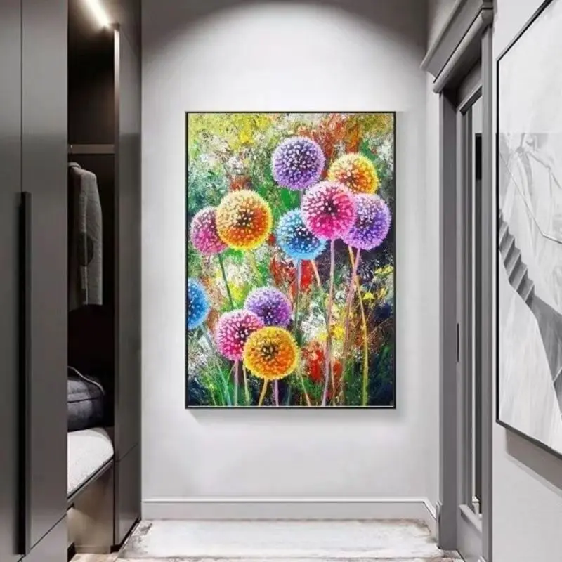 A handmade cross stitch product with seven colored dandelions, plants, flowers, living rooms, bedrooms, and vertical decorative