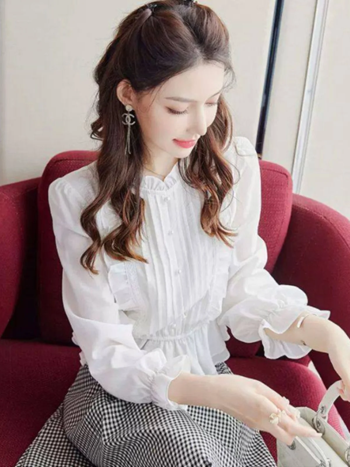 

Spring New Sle Women's Faion Long Sve Chiffon Top Waist Cinching Flounce Hem Base irt White Color Slimming Effect