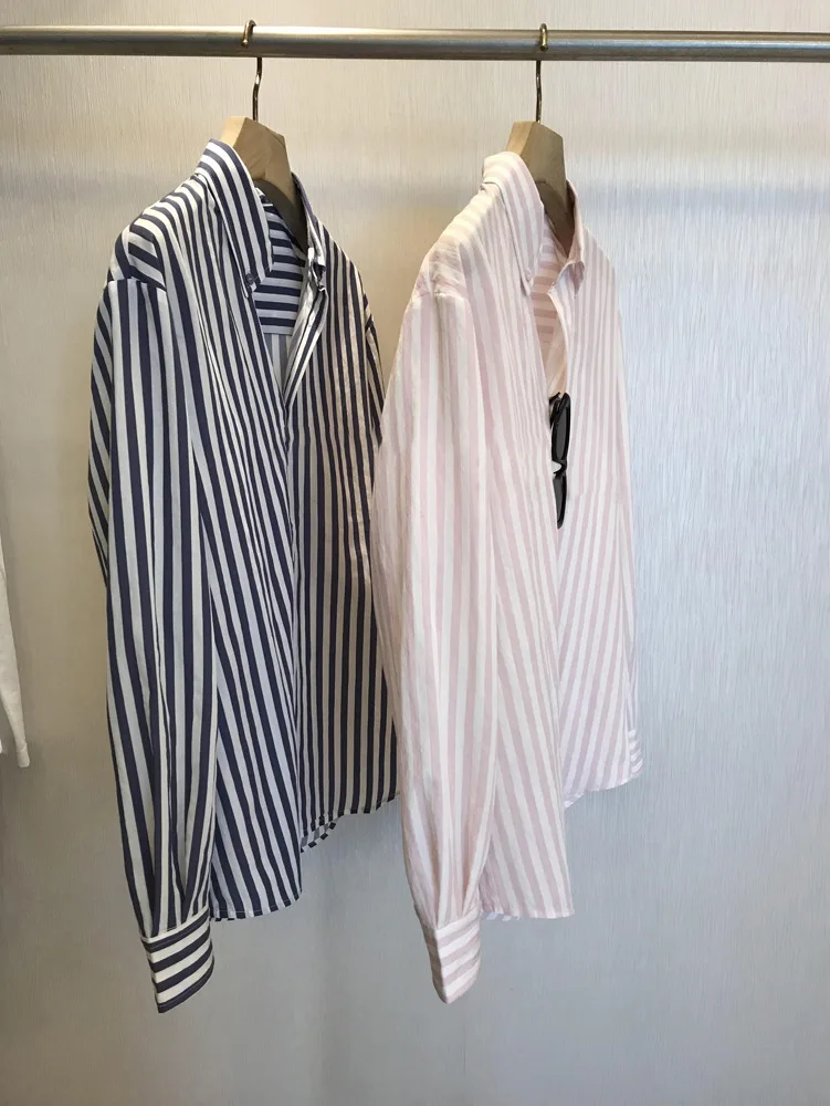 Spring and summer women\'s casual striped lapel long sleeved loose fitting shirt