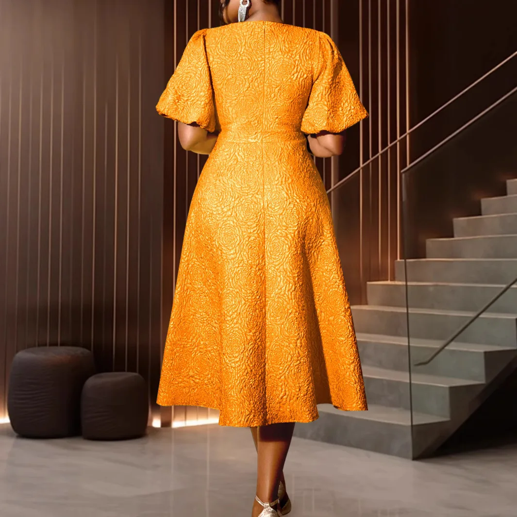 Am 040856 nova rosa jacquard em torno do pescoço vestido de deslocamento tridimensional flor a linha saia vestido robe feminino festa