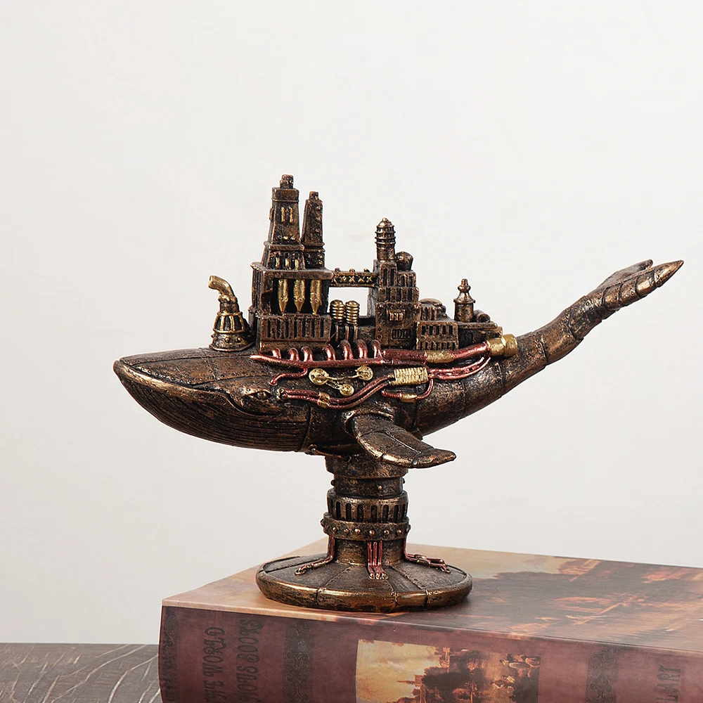 1pc Deep Sea Mechanical Fish Whale Colourful Resin Statue Ornament Steampunk Style Home Decoration Decorative Crafts  sculpture