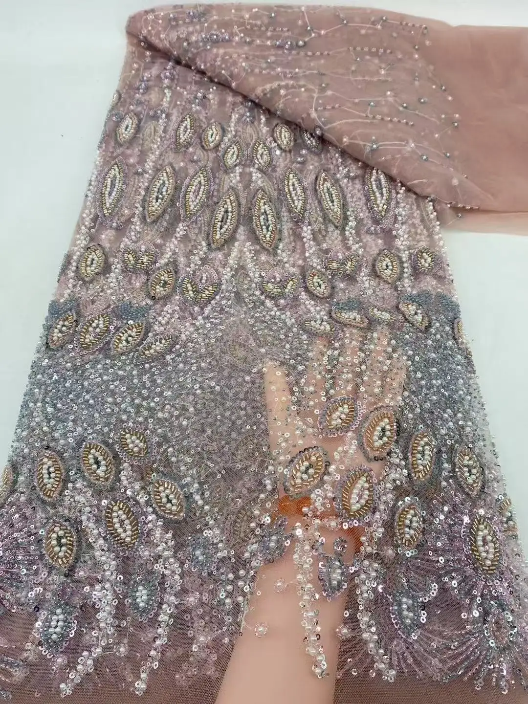 아프리카 헤비 비즈 레이스 원단 2025 고품질 나이지리아 스팽글 자수 프랑스 튤 원단 웨딩 파티용