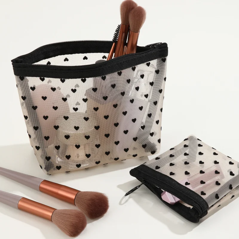 Bolsa de cosméticos de malla de nailon impresa, bolsa de almacenamiento de cosméticos portátil, bolsa de aseo, diario, lápiz labial, llaves, auriculares, organizador, monedero