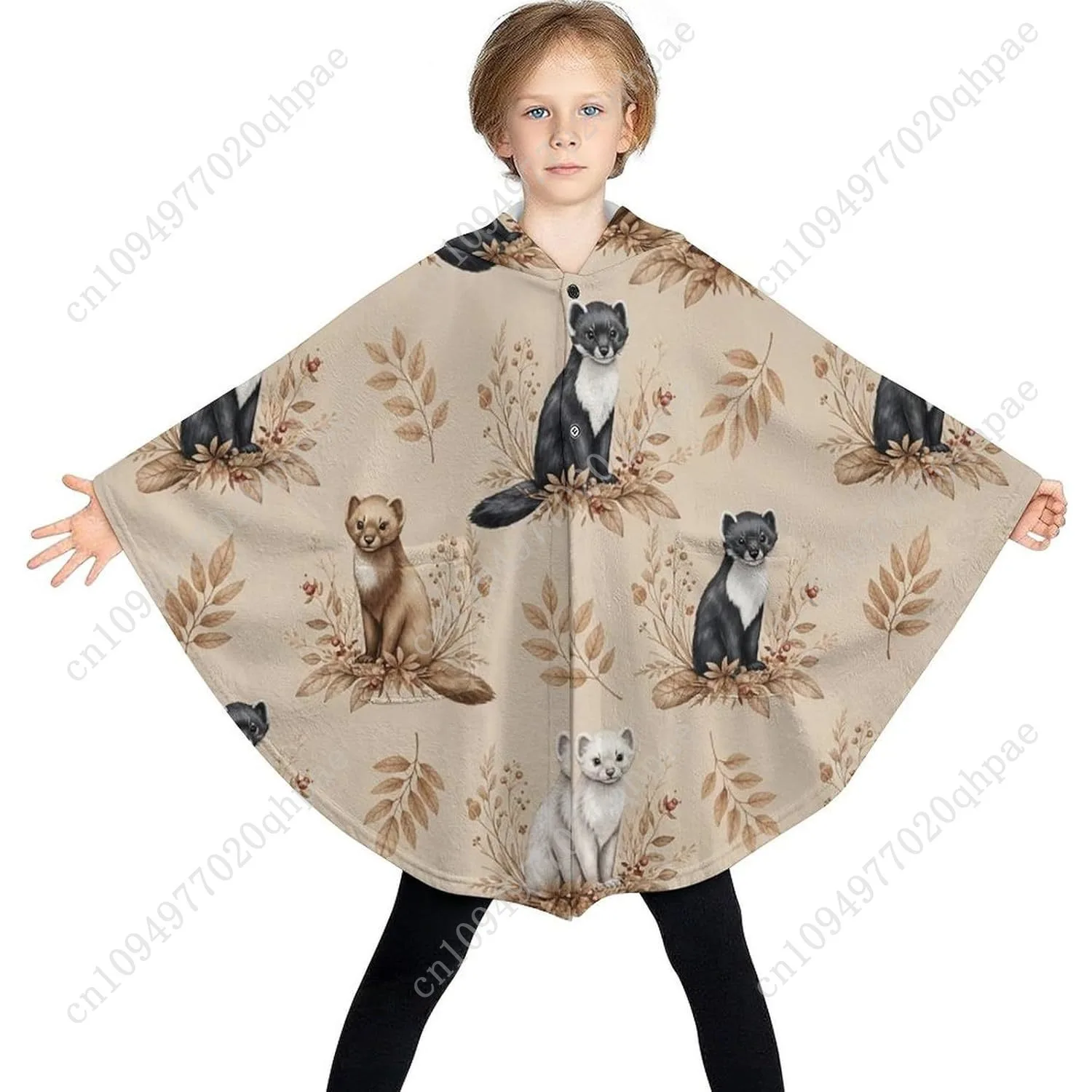 سترة بطانية مريحة من الفلانيل، سترة بقلنسوة كبيرة الحجم بنمط أوراق الحيوانات مع جيوب للأطفال والمراهقين #3