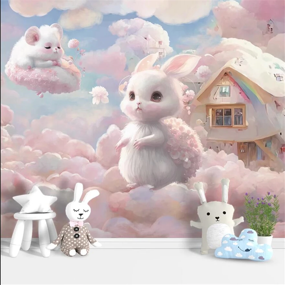 Custom Fantasy Pink Sky Rabbit photo wall paper for Children's Room Mural Background Wallpaper home decorations 3D wall stickers