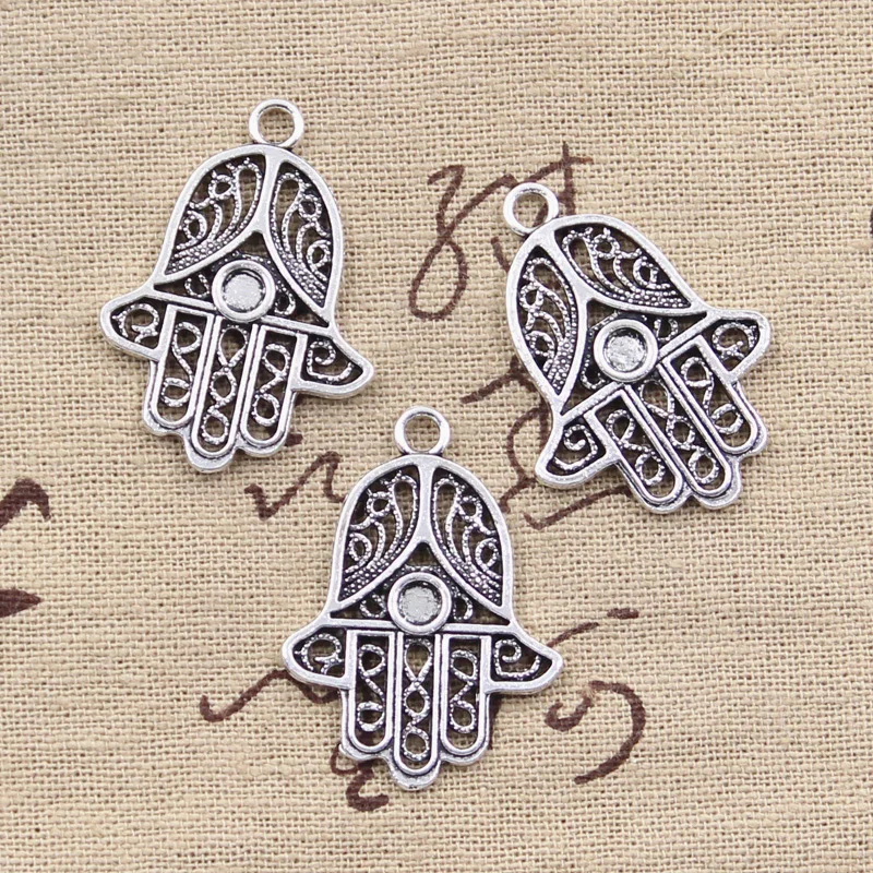 12pcs Charms Fatima Hand Hamsa Palm Protection 33x25mm Antique Silver Color Pendants DIY Making Finding Handmade Tibetan Jewelry