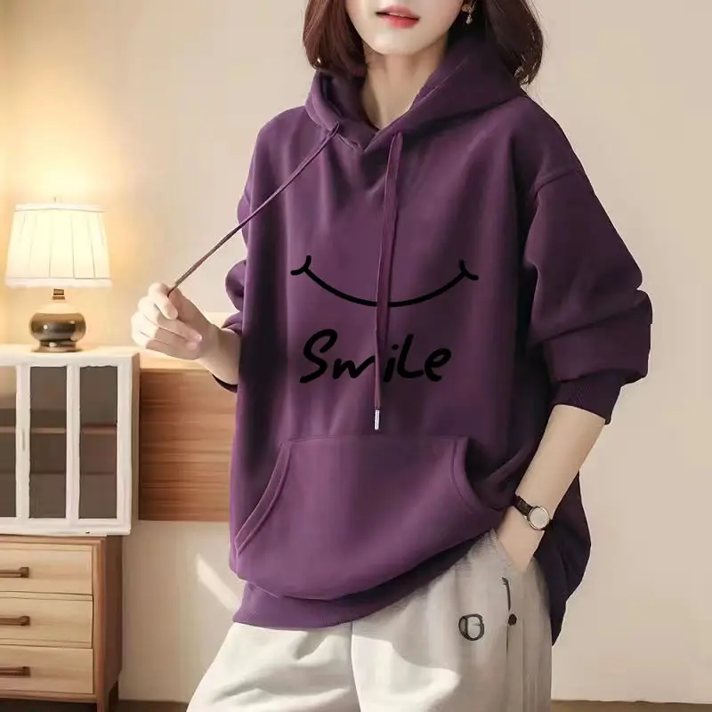 

2023 Autumn Women's New Pure Cotton Comfortable Top Fashion Loose Casual Versatile Long Sleeve Hooded Sweater T-shirt