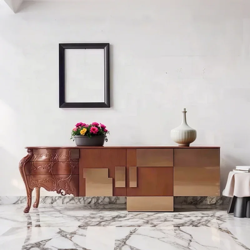 C80 Light Luxury Painted Sideboard Solid Wood Entryway Cabinet Relief Art TV Cabinet New Chinese Storage Cabinet