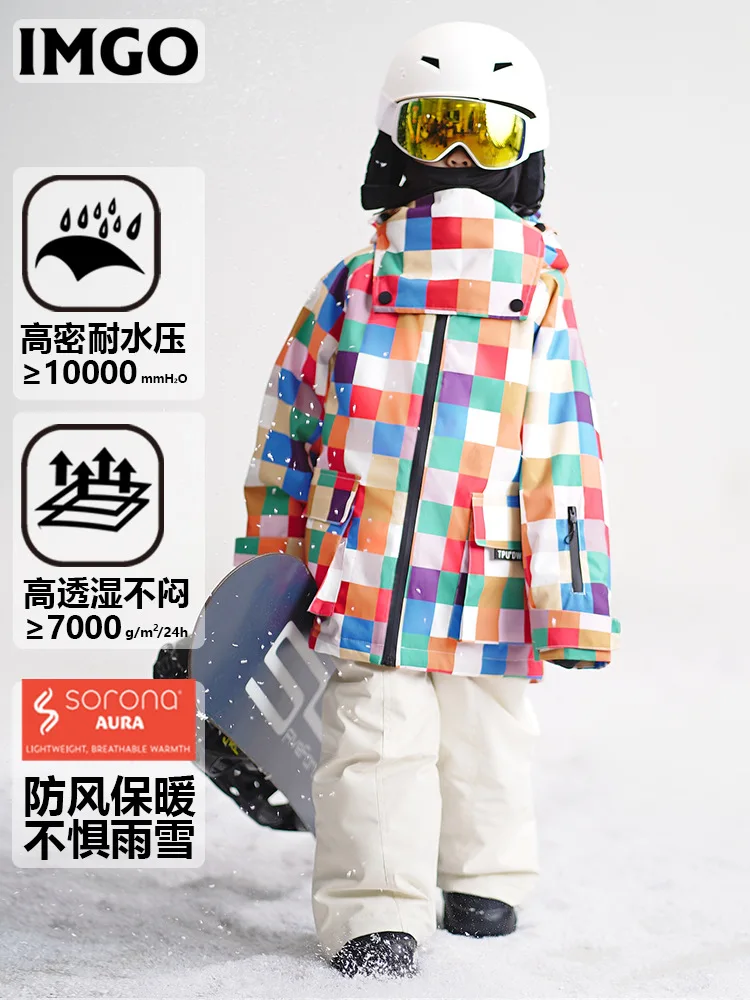 IMGO Conjunto de roupa de esqui infantil profissional, roupa de neve para crianças, à prova d'água, à prova de vento, grosso, quente, inverno, ar livre, snowboard, meninas, meninos