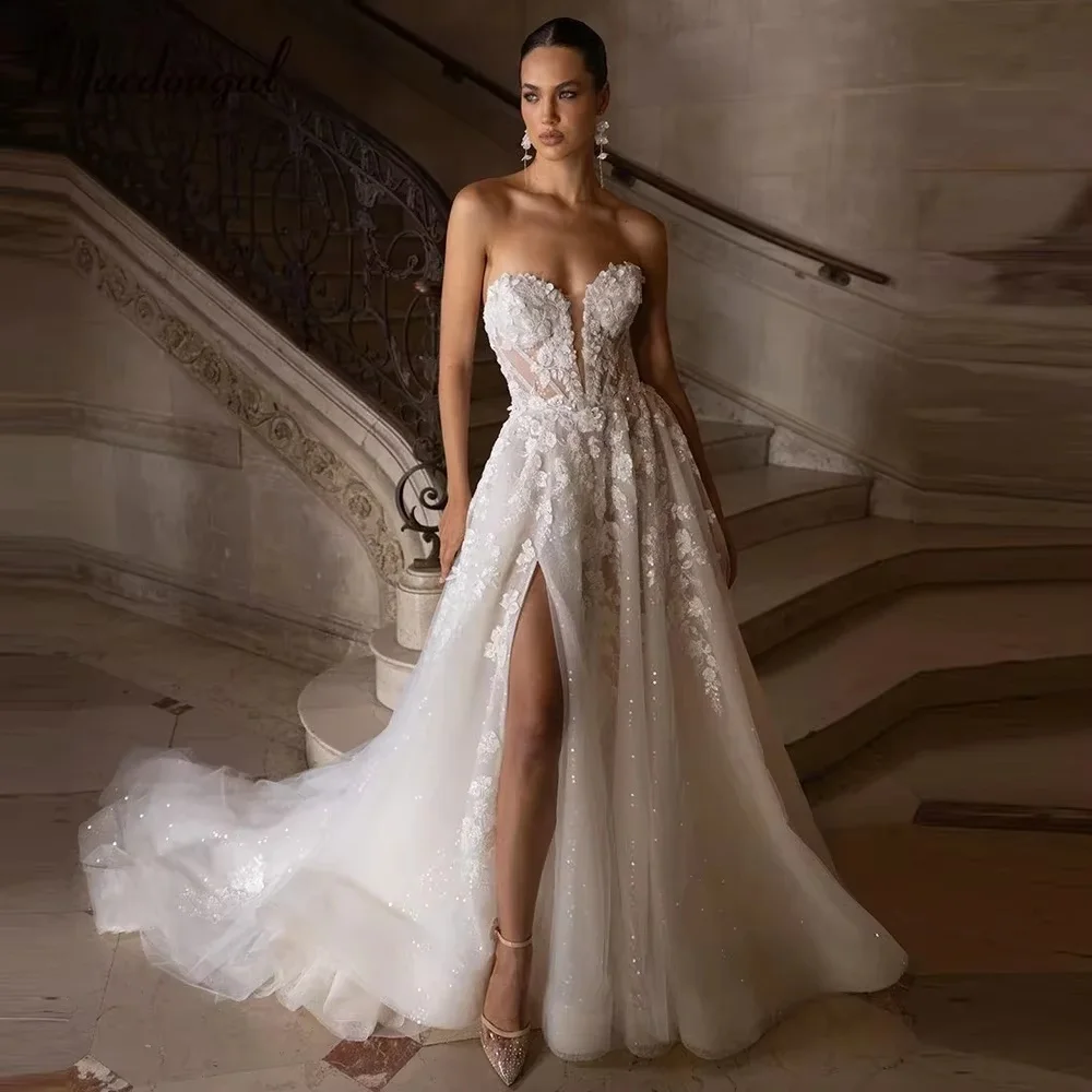 Suknie ślubne z koronkowymi aplikacjami na zamówienie, eleganckie, z dekoltem w serek, bez rękawów, dla kobiet, urocze suknie ślubne zapinane na zamek, Vestidos De Novia