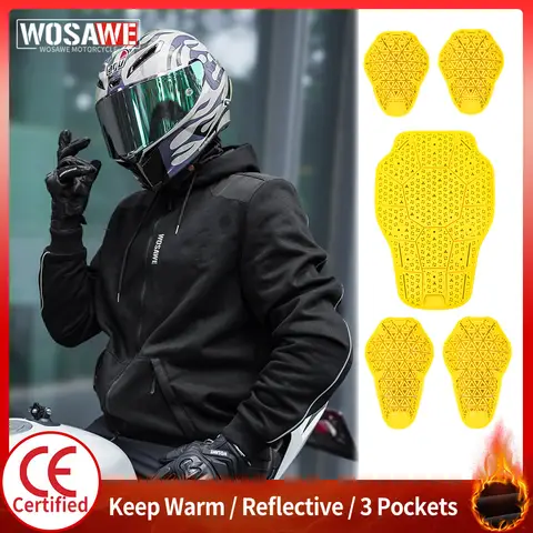 WOSAWE Motorcycle Jacket Body Armor Pad Men Winter Fleece Thermal Hooded Jacket Insert CE Approval Protector Full Zip Up Outwear