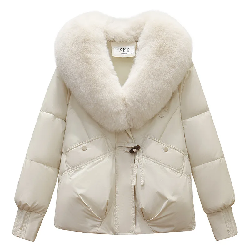 2025 New Fashionable Cotton Jacket with Warm Big Fur Collar and Temperament Short Women's Jacket