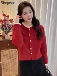 Cardigans Women Ruched Autumn Winter Red Orange Lurex Knitted Sweaters Tops Fungus Temperament Elegant Ladies Ruffled Collar Ins