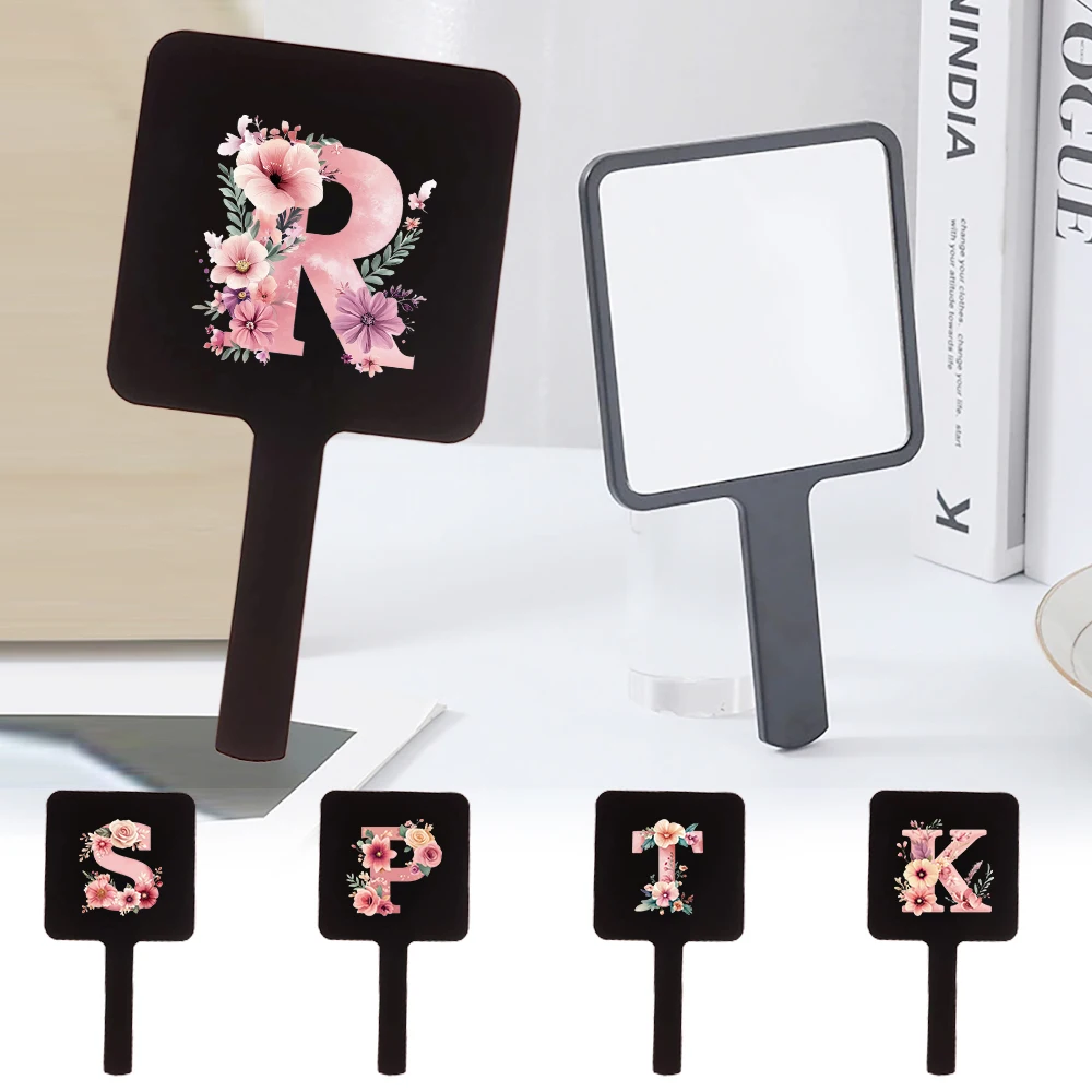

Fashion Handheld Makeup Mirror Handle To Take The Portable Pocket Mirror Pink Rose Initial Name 26 Letters Pattern