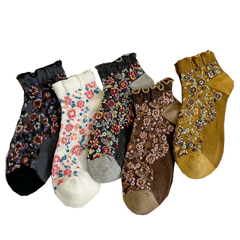 

Носки женские короткие с рюшами и цветочным принтом, 5 пар