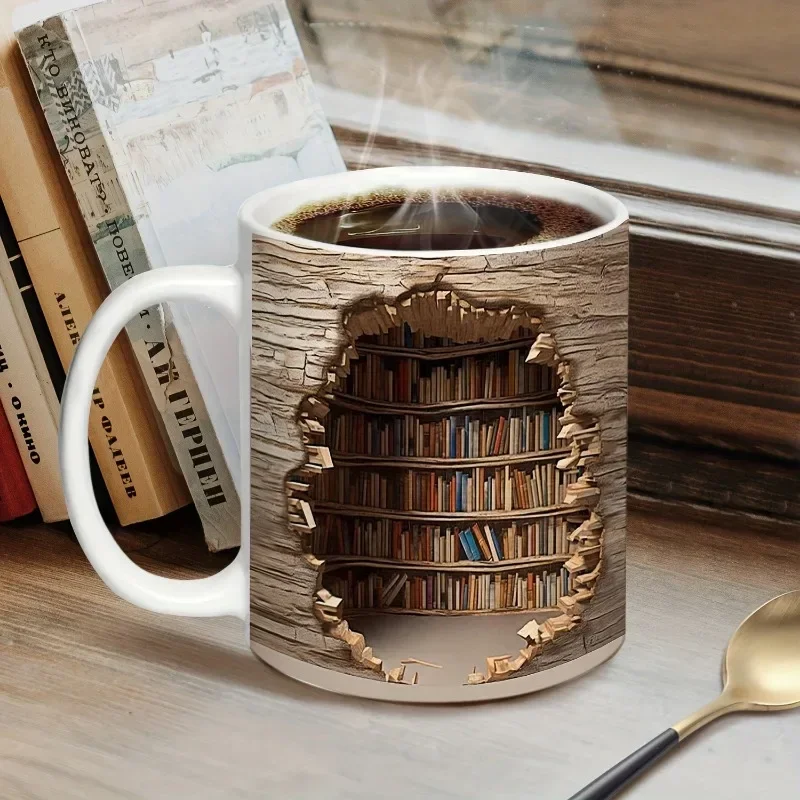 1pc, 3D Bookshelf Break Through Coffee Mug, Ceramic Coffee Cups, Book Shelf Water Cups, Summer Winter Drinkware