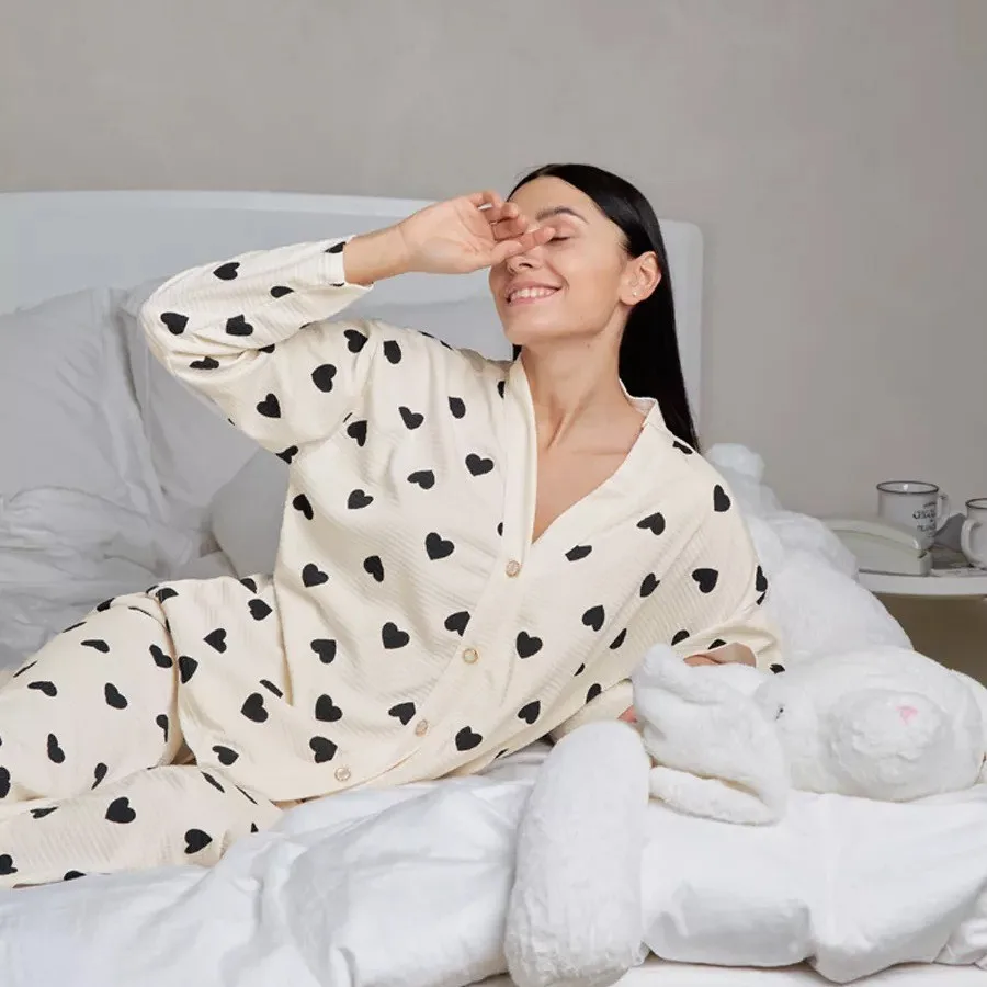 

Women 2 Piece Set Long Sleeve V Neck Sleepwear Heart Print Lightweight Loungewear Button Front Wide Leg Pants Cream Base Pajamas