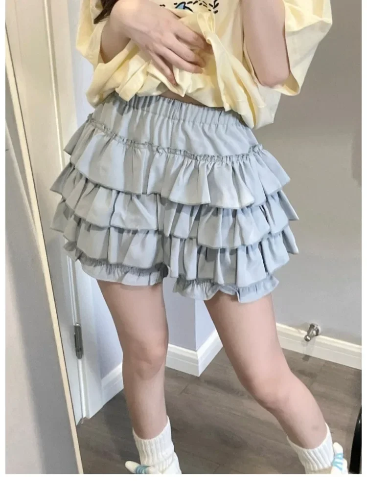 Falda Kawaii Lolita para mujer, minifalda con volantes en capas de cintura alta, pantalones cortos, estilo japonés Harajuku, chica suave