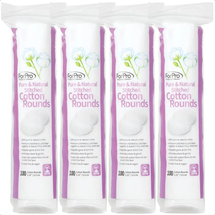 ForPro Pure Natural Stitched Cotton Rounds for Face 400Count 100 Pure Cotton Makeup Remover Pads Hypoallergenic LintFree Vegan