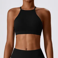 Women Sports Bra for Workout High Neck Gym Crop Top Nylon Fitness Shirts Padded Activewear