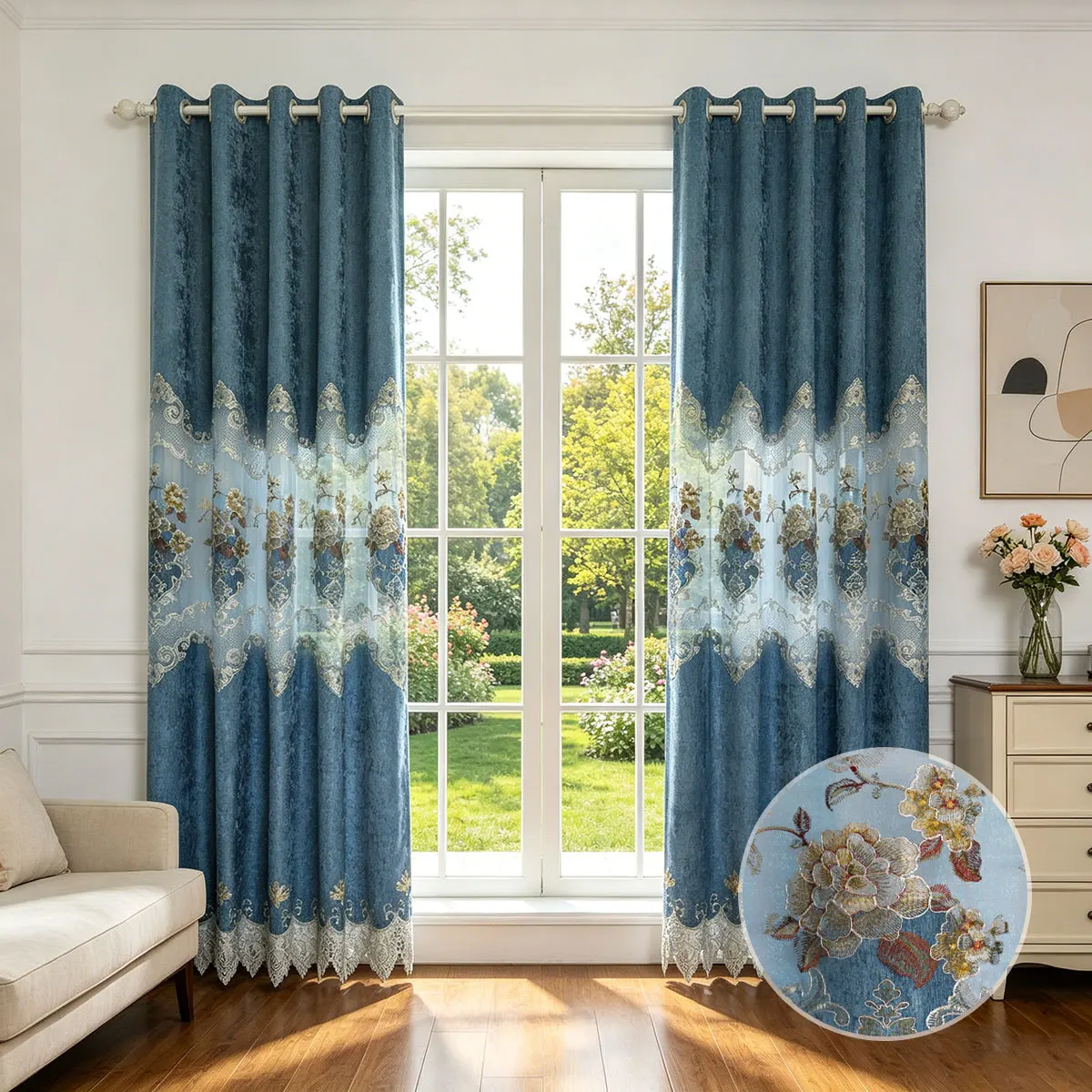 2 Panels European Lace Embroidery Grommet Curtains, Blue Chenille Full Blackout Window Drapes, Luxury Floral Sheer Spliced Thermal Soundproof Curtain for Bedroom Living Room