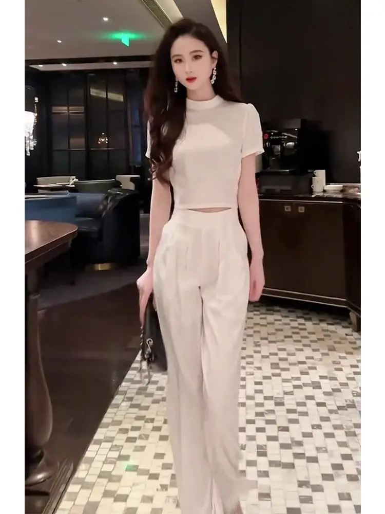 새로운 여름 럭셔리 여성의 두 조각 세트 하이 엔드 짧은 소매 자르기 탑 블라우스 + 높은 허리 넓은 다리 바지 우아한 패션 정장