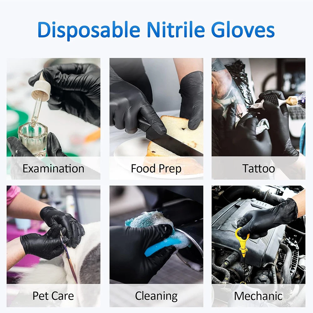 Guantes desechables de nitrilo negro para examen, 100 Uds., sin látex, para limpieza médica quirúrgica no esterilizada, preparación de alimentos, tatuaje de cocina