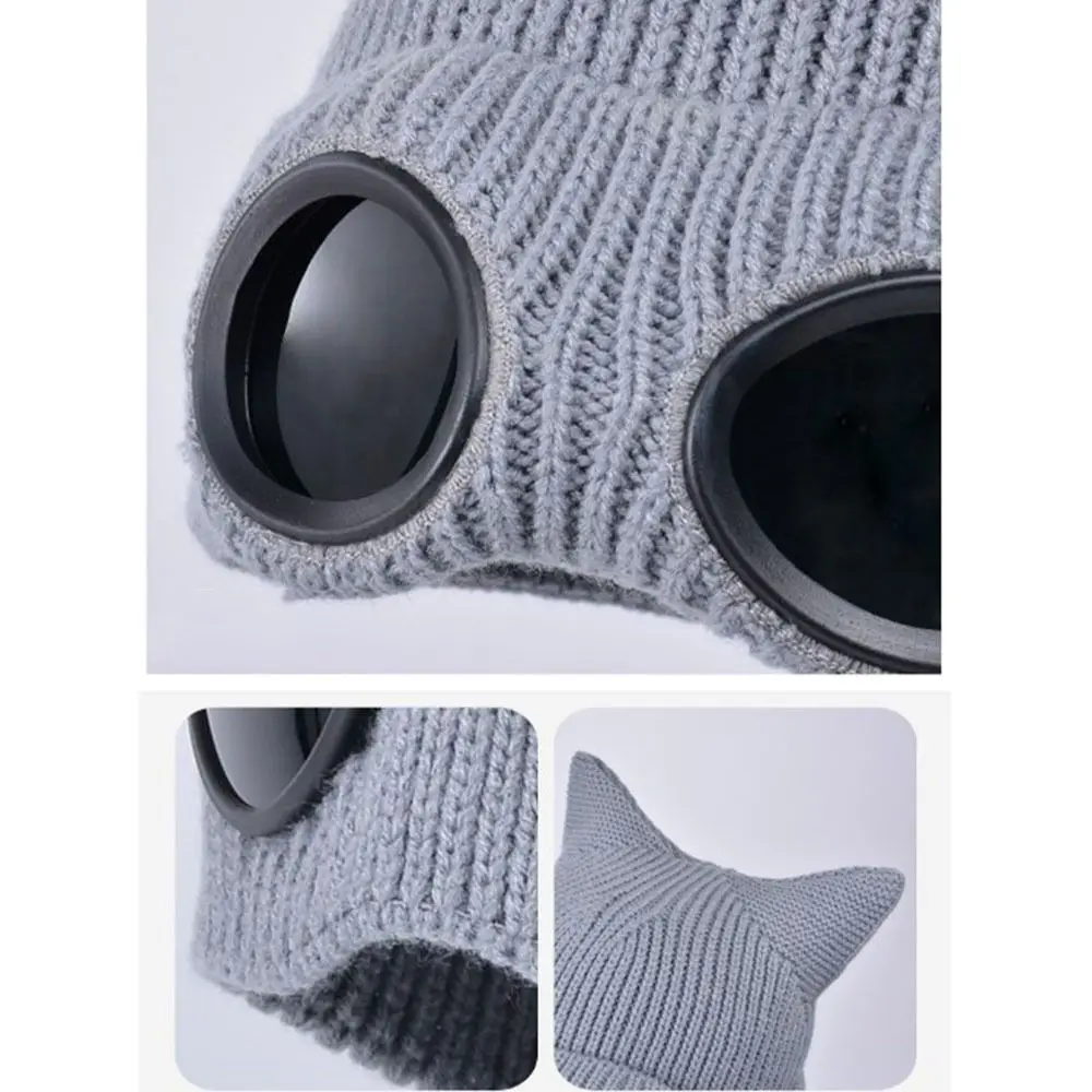 Removable Glasses Winter Glasses Caps Wear-resistant Ear Protection Warm Ski Mask Hats Cat Ears Windproof Head Knitted Hat