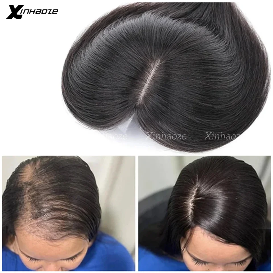 Silk Base Human Hair Topper 14inch Virgin European Injected Skin Scalp Top Hair Piece with Clips Middle Part Women Toppers