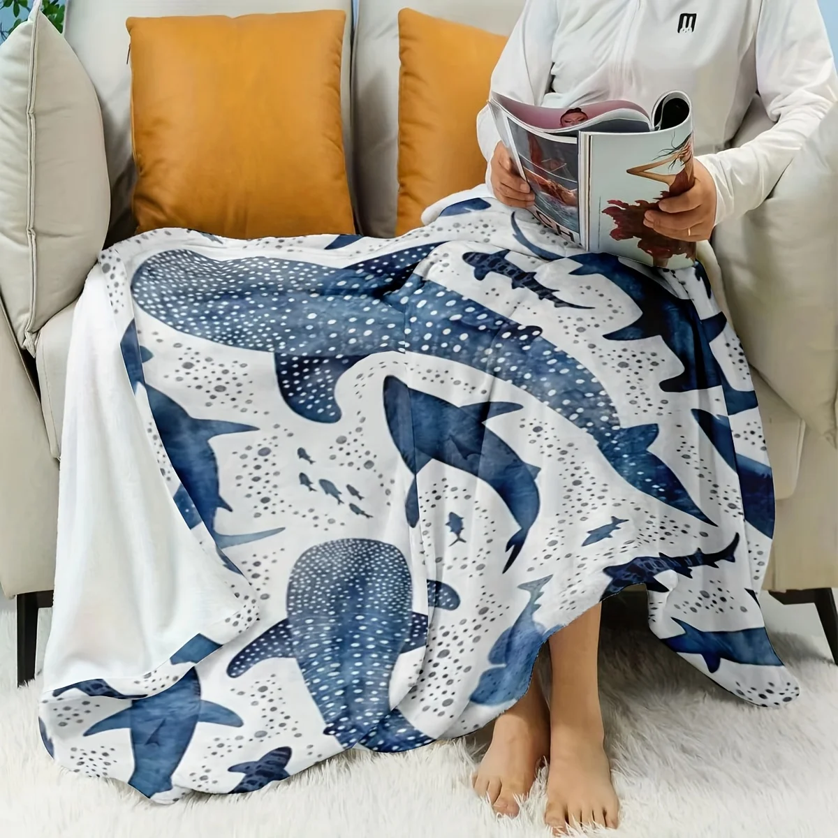 Minimal White Base Watercolor Ocean Shark Whale Shark Speckled Art Print Flannel Blanket Cozy Throw for Couch Travel Indoor Home
