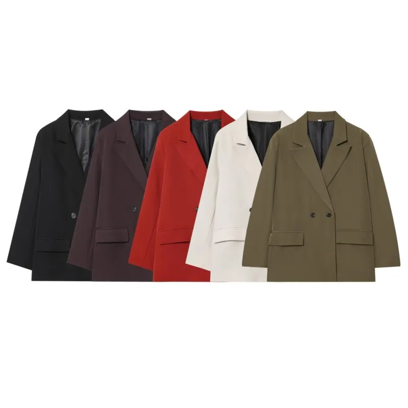 Женский двубортный пиджак, модные повседневные офисные женские пальто с длинными рукавами, женские карманные украшения, верхняя одежда, топы