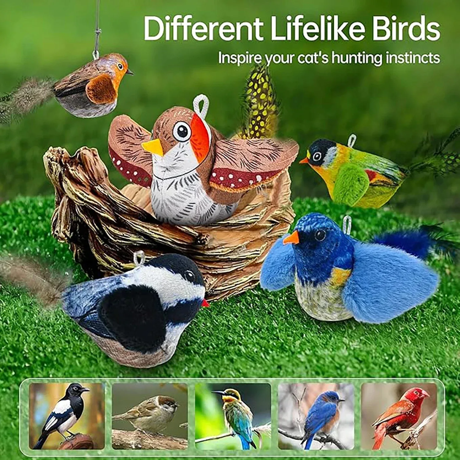 Interaktives Vogelspielzeug für den Innenbereich für Katzen, Jagdspielzeug, klingendes Katzenminze, Katzen-Teaser-Spielzeug, Selbsthilfe, Wandbehang, Vögel, Katzenspielzeug – Detail 4