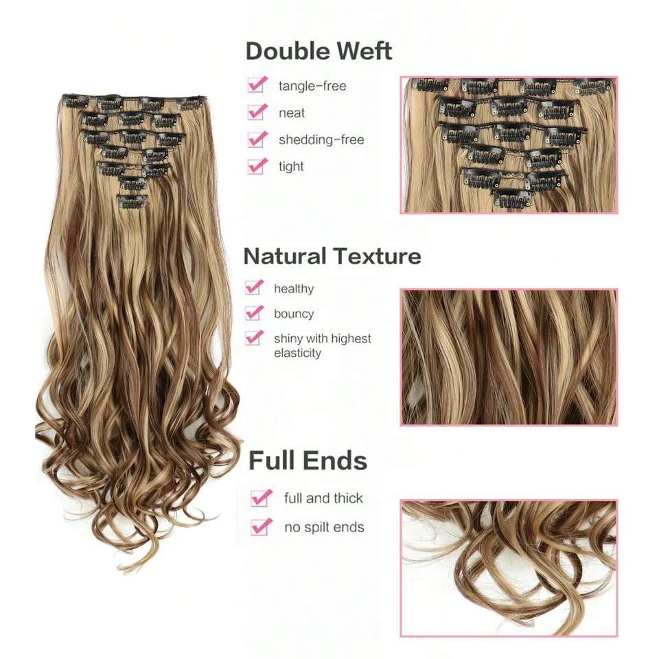 Extensiones de cabello con clip, 7 piezas sintéticas con reflejos, onduladas suaves y largas, 22 pulgadas, gruesas, para mujer 2