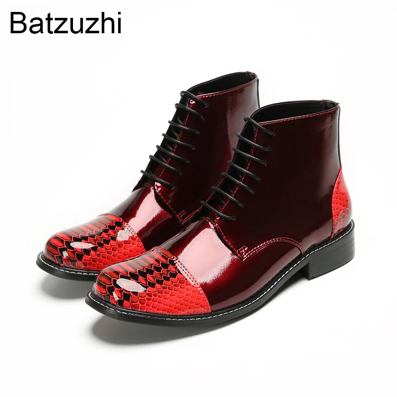 

Batzuzhi Red Genuine Leather Short Boots Man Round Toe Men's Boots Shoes Lace-up Fashion Boots for Man Low Heels!