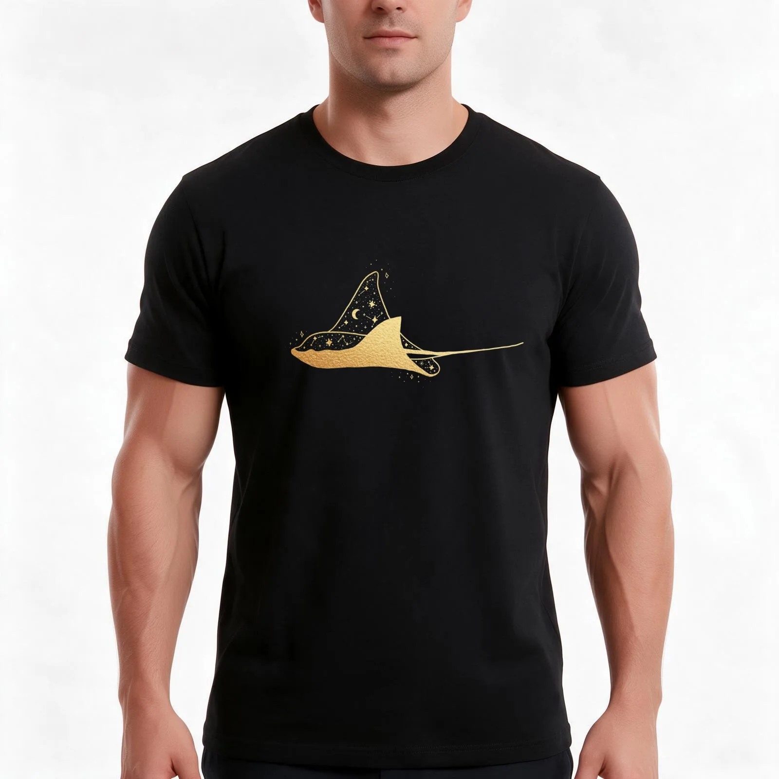 Golden Manta Ray Stars Constellation T-Shirt, Summer Casual Cotton Tee, Oversized Streetwear Tops, Vintage Graphic Print