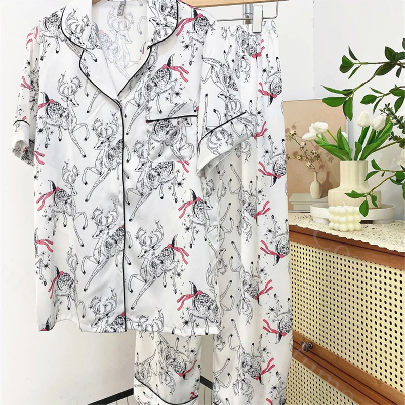 Short Sleeve Pajamas Set Satin Print Nightwear Womne\'s Summer New Home Clothes Luxury Loungewear Top&pants Trousers Suit