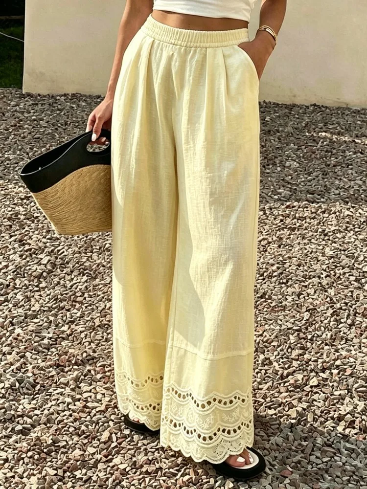 Women Solid Wide Leg Pants Elastic High Waist Lace Hem Side Pocket Loose Spring Summer Fashion New Casual Simple Trousers