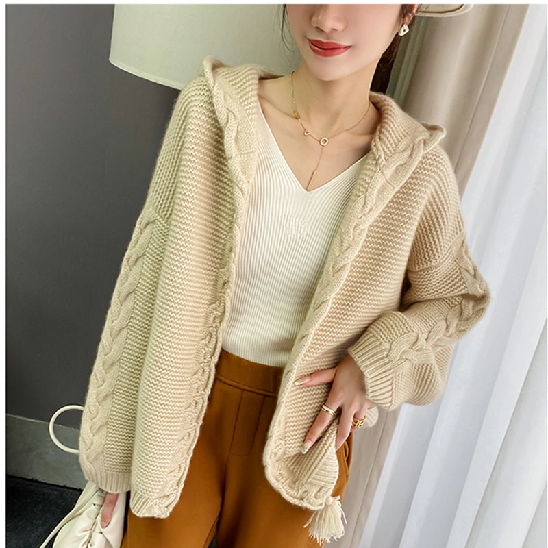 

100 Pure Wool Cardigan Women's Hooded Sweater Solid Color Knitted Loose Sleeve Autumn and Winter Coat Women's Cardigan New Produ